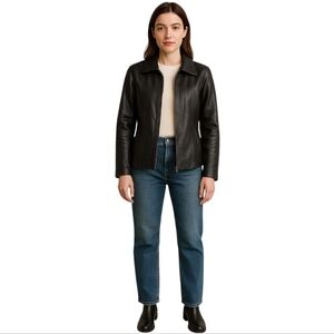 Portrait Black Leather Lined Zip Up Jacket Size Medium EUC